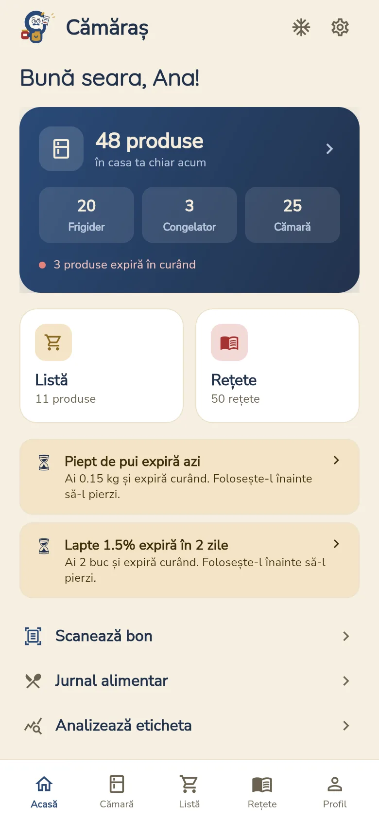 Prima pagină din Cămăraș: câte produse ai în frigider, congelator și cămară și ce expiră în curând