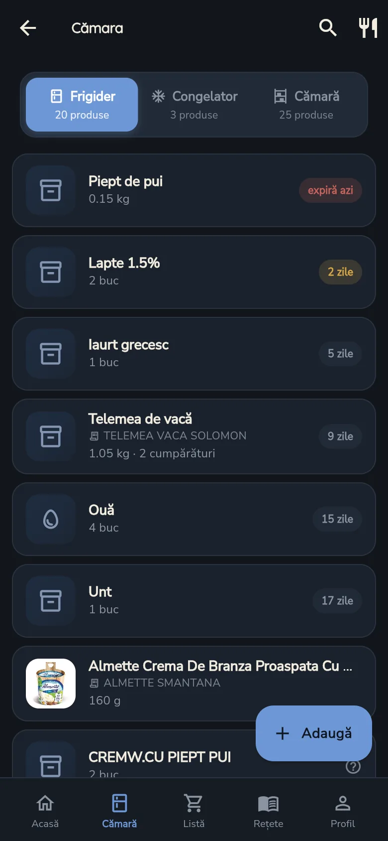 Ecranul Cămara, cu produsele din frigider și câte zile mai au până expiră