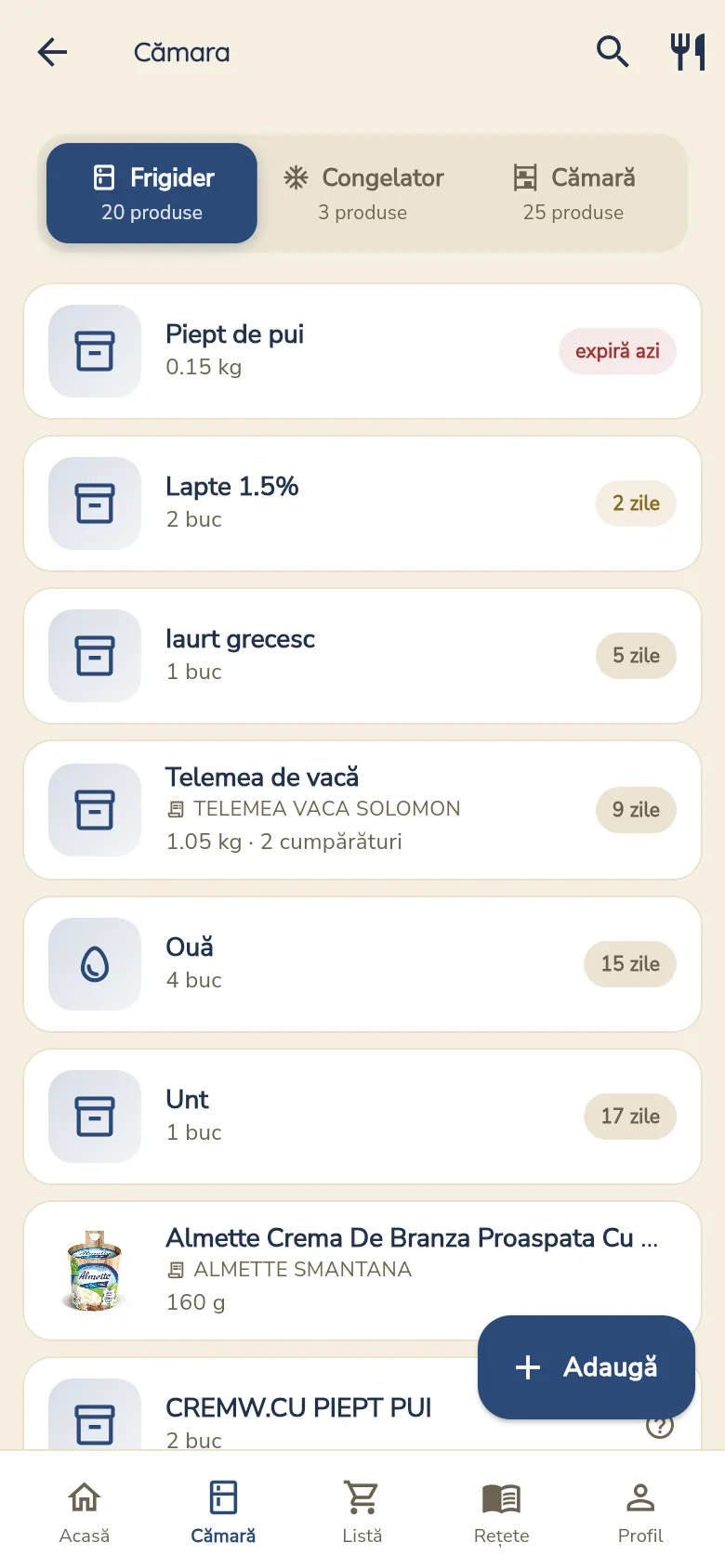 Ecranul Cămara, cu produsele din frigider și câte zile mai au până expiră