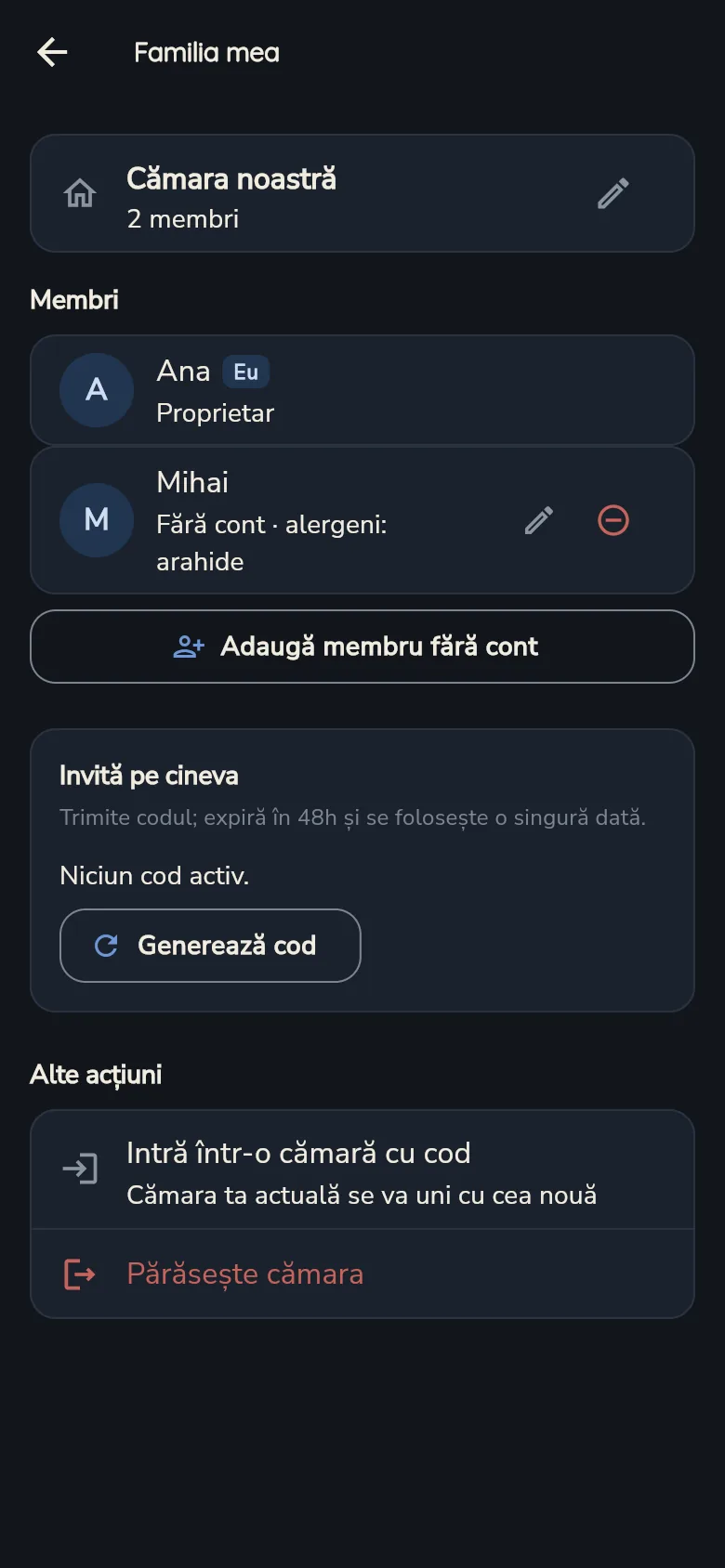 Ecranul Familia mea: doi membri, unul dintre ei cu alergie la arahide