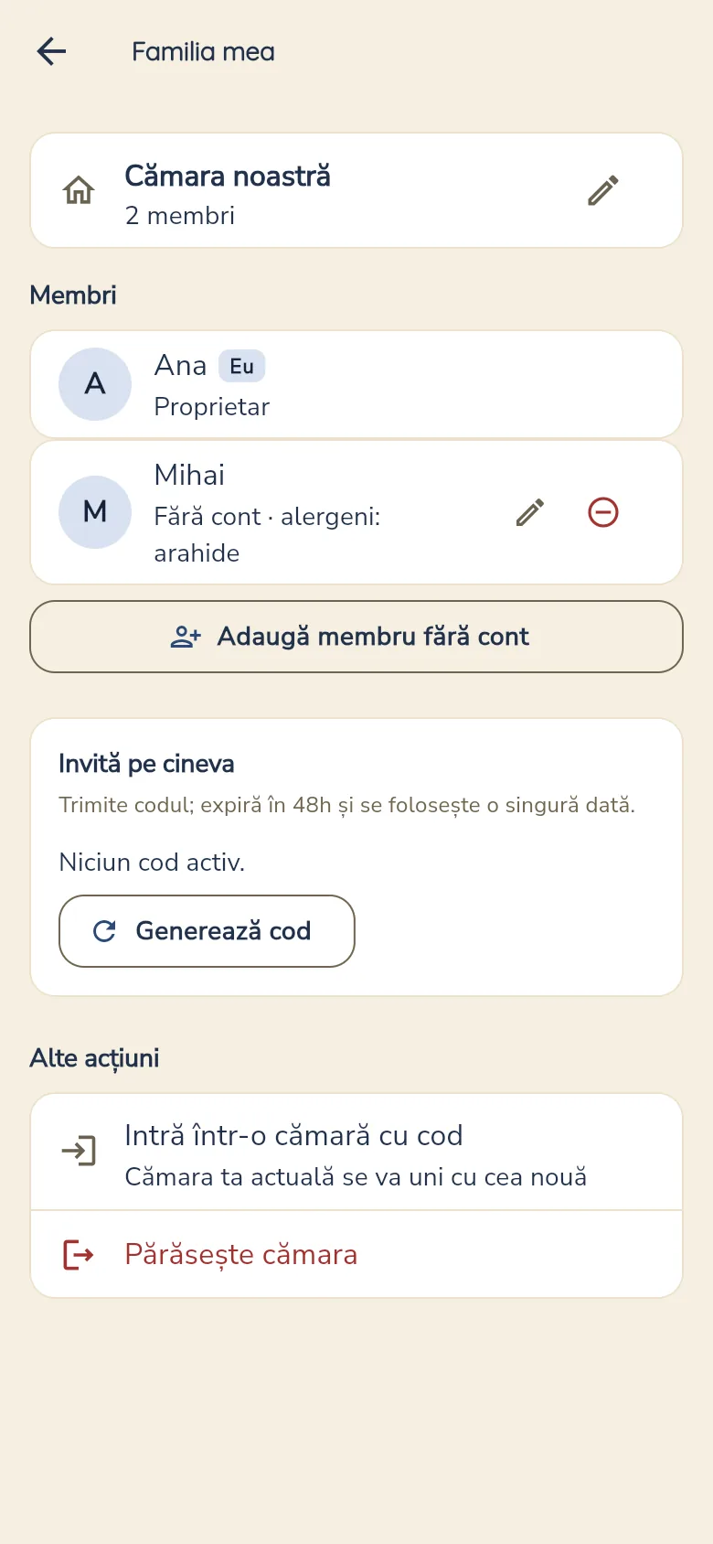 Ecranul Familia mea: doi membri, unul dintre ei cu alergie la arahide