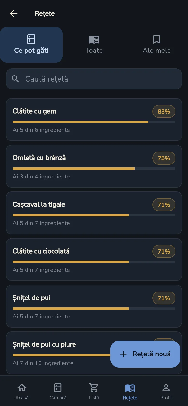 Ecranul Rețete, cu procentul de ingrediente pe care le ai pentru fiecare rețetă