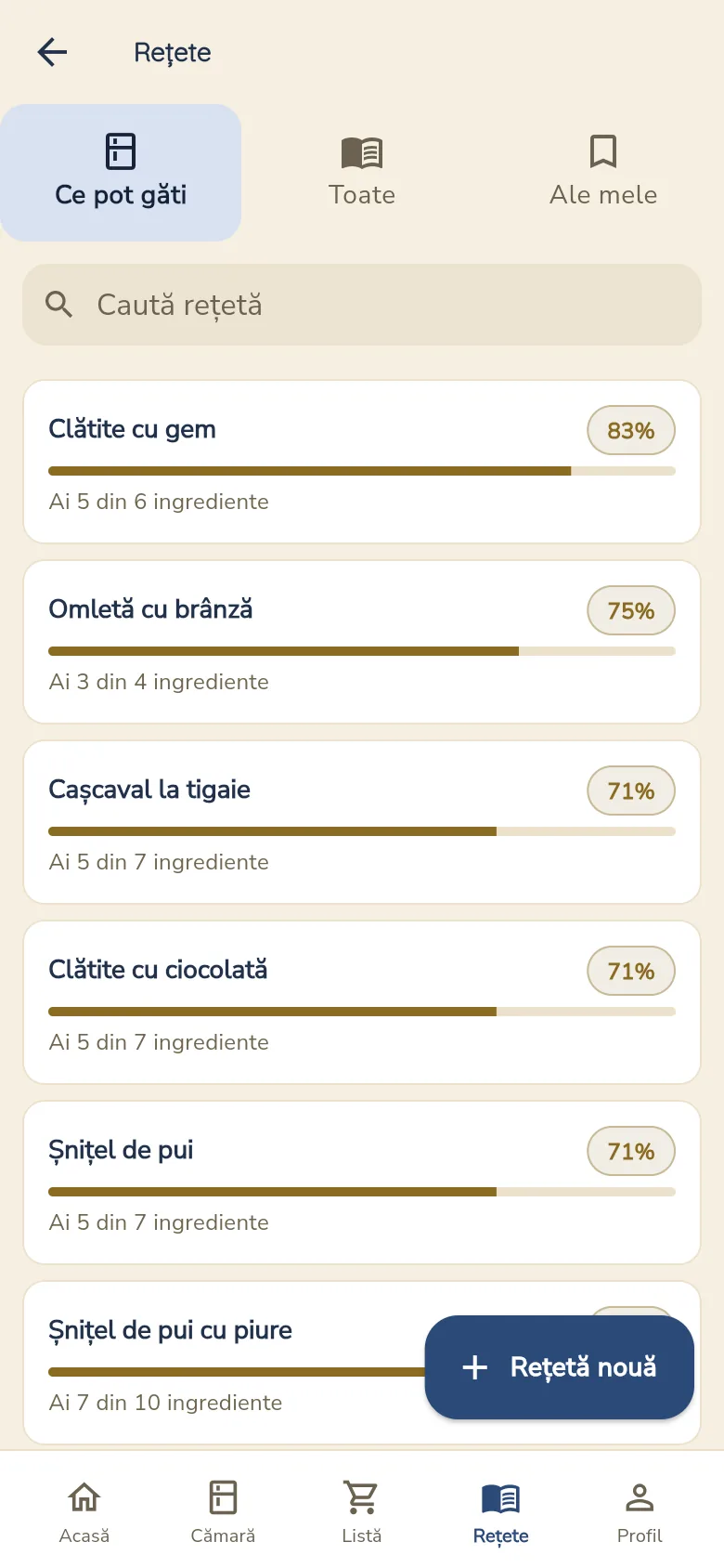 Ecranul Rețete, cu procentul de ingrediente pe care le ai pentru fiecare rețetă